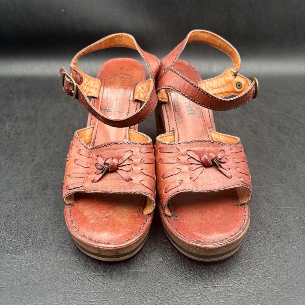 Vintage QualiCraft Brown Leather Platform Sandals Wood Block Heel Brazil 6.5 B